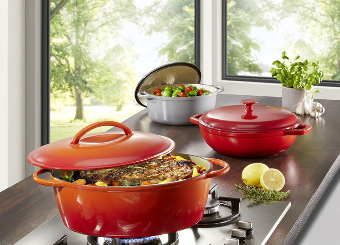 Gusseisen-Schmortopf und -Br&auml;ter ORANGE