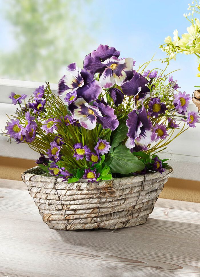 Stiefm&uuml;tterchen und Margeriten in Weidekorb LILA
