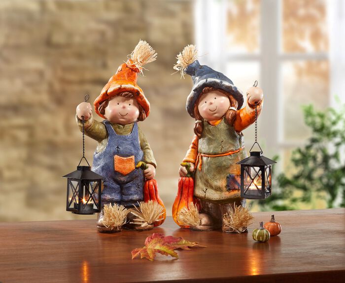 Herbstkinder mit K&uuml;rbis und Laterne BLAU-ORANGE-GR&Uuml;N
