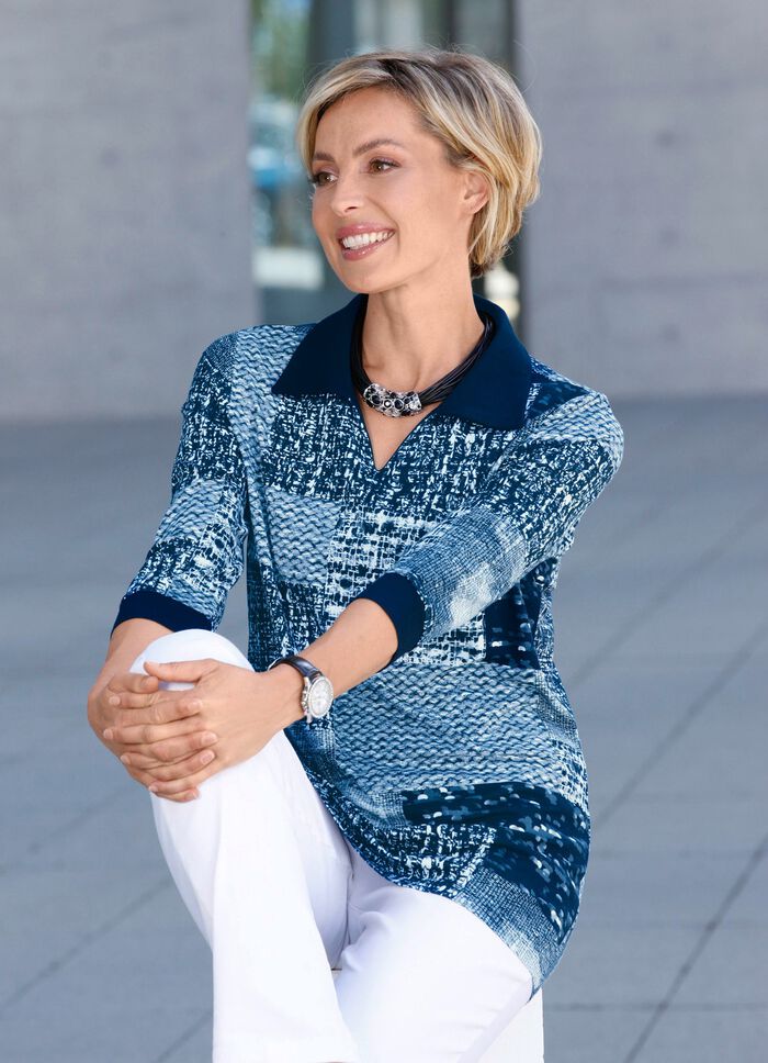 Poloshirt mit 3/4-langen &Auml;rmeln in 3 Farben MARINE-JEANSBLAU