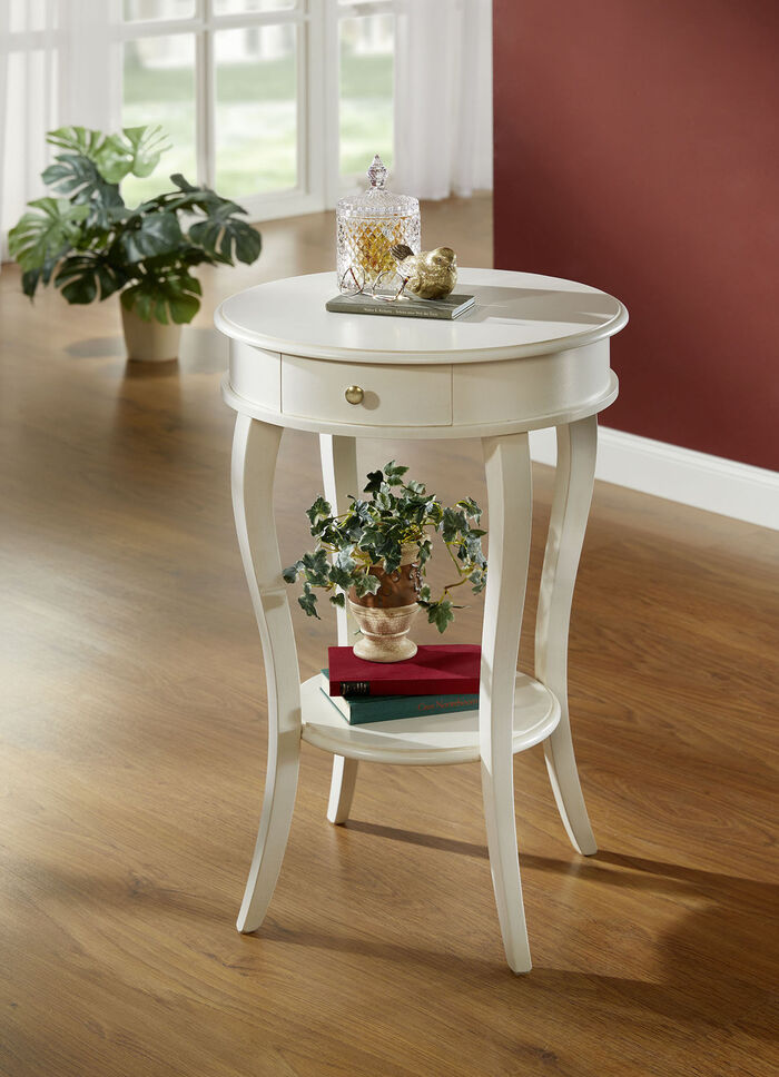 Beistelltisch mit Schublade und zus&auml;tzlicher Ablage ANTIKWEISS