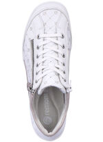 Remonte Schn&uuml;r-Bootie aus bedrucktem und metallisch schimmerndem Synthetikmaterial WEISS-PUDERROS&Eacute;