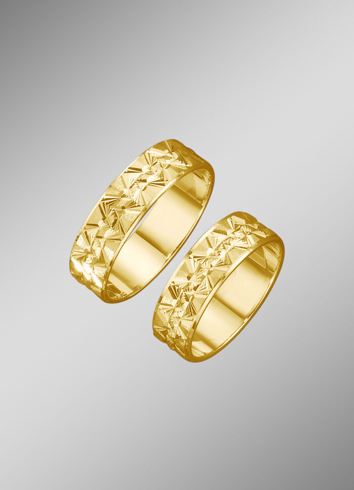 Trauring, teilweise satiniert und wellenförmig diamantiert 