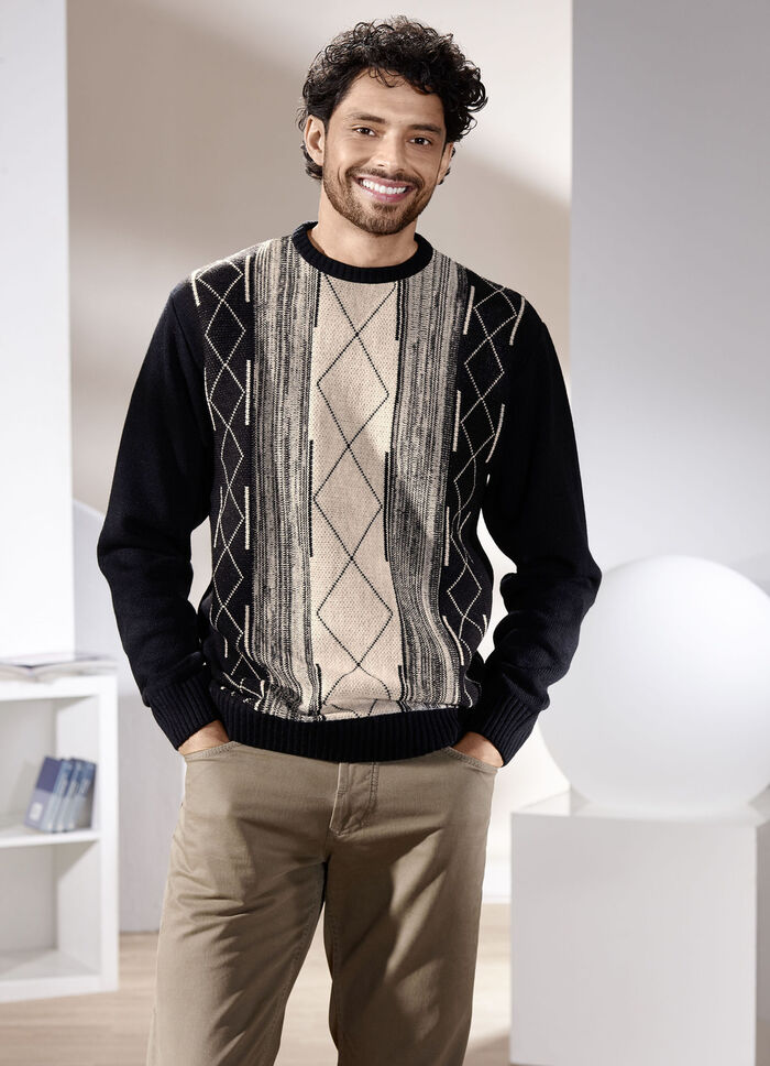 Rundhalspullover mit Jacquarddessin SCHWARZ-BEIGE