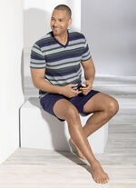 Shorty mit V-Ausschnitt, Brusttasche und garngef&auml;rtem Ringeldessin 