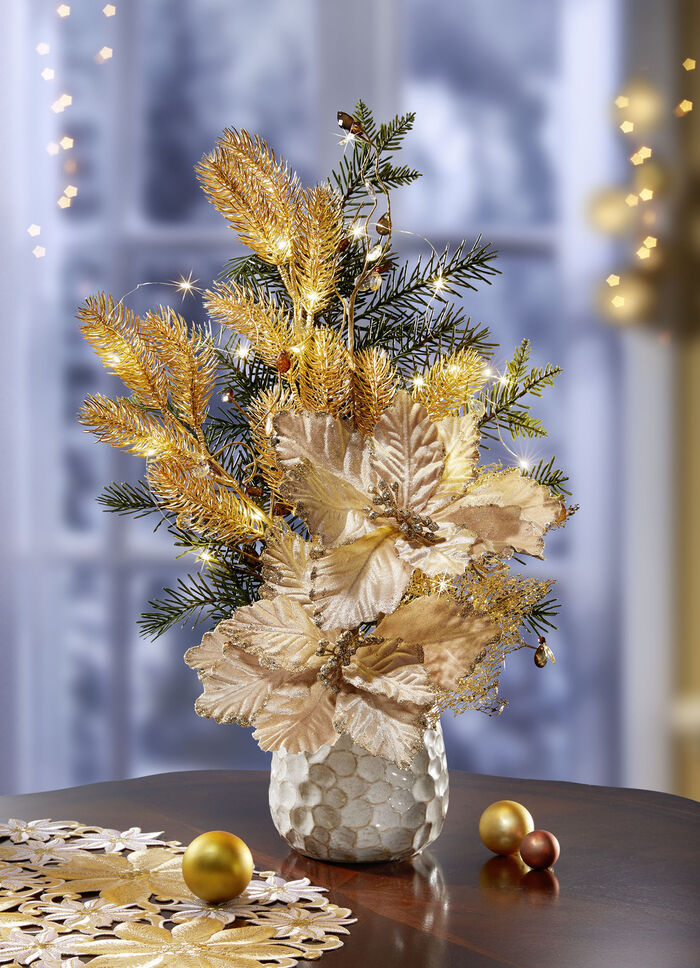 Beleuchtetes Poinsettia-Gesteck GR&Uuml;N-GOLD