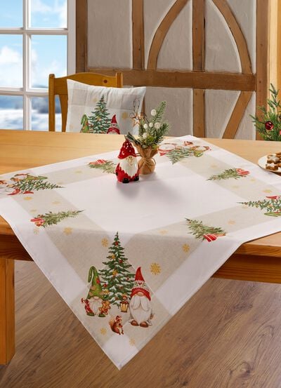 Tischdecke mit weihnachtlichem Wichtel-Dessin 