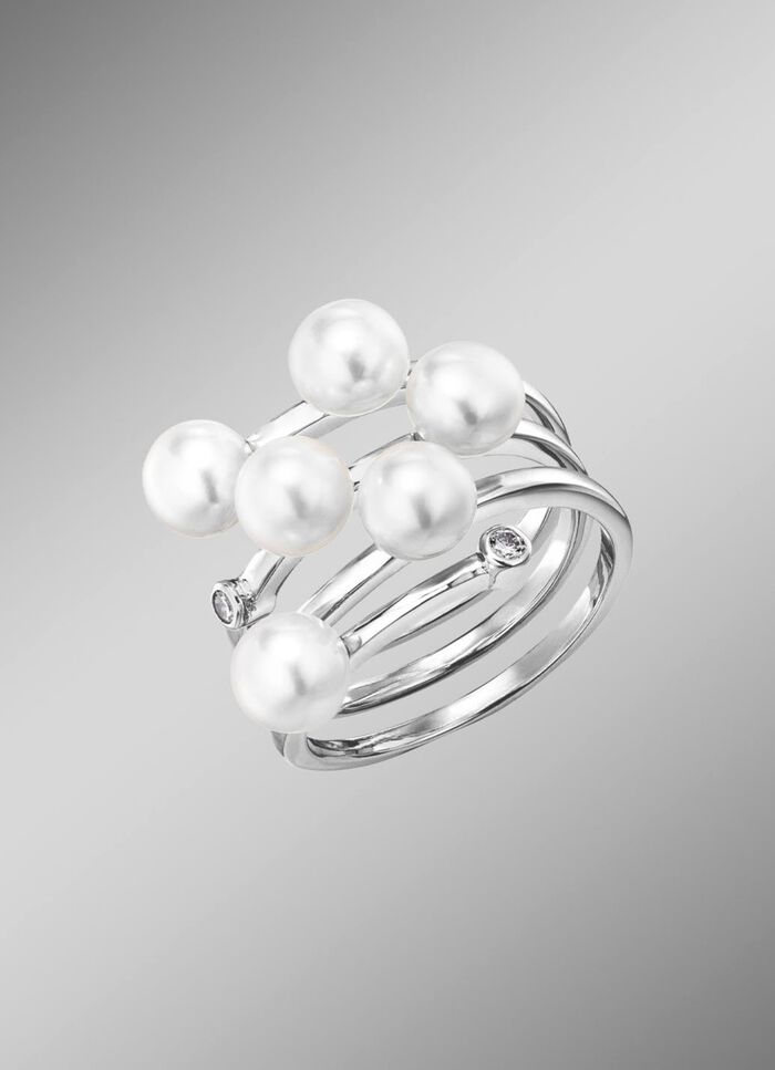 3-reihiger Damenring mit Perlen und synth. Zirkonia 