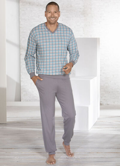 Schlafanzug mit V-Ausschnitt und B&uuml;ndchenabschl&uuml;ssen 