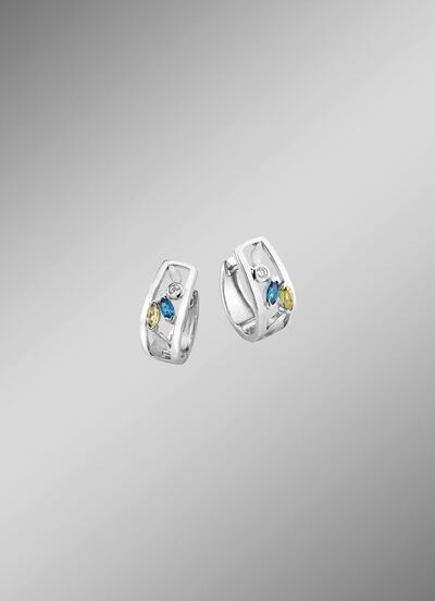 Klappcreolen mit Blautopas, beh., echt Peridot und synth. Zirkonia 