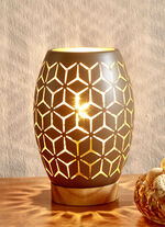 Tischleuchte mit Metall-Lampenschirm und Holz-Sockel BRAUN-GOLD