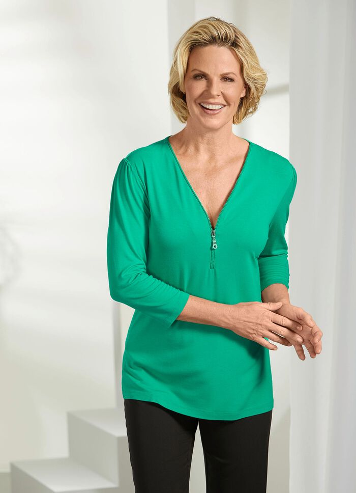 Shirt mit Reißverschluss am V-Ausschnitt GRÜN