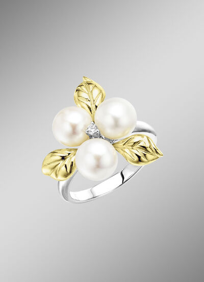 Blühende Eleganz: Damenring mit Muschelkernperlen und synth. Zirkonia 