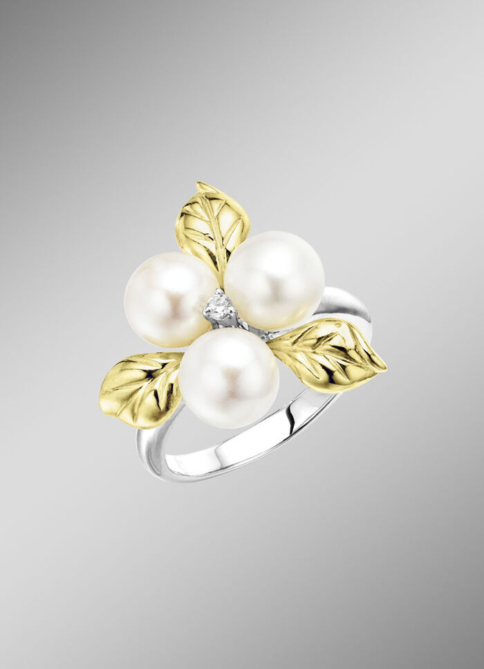 Blühende Eleganz: Damenring mit Muschelkernperlen und synth. Zirkonia 