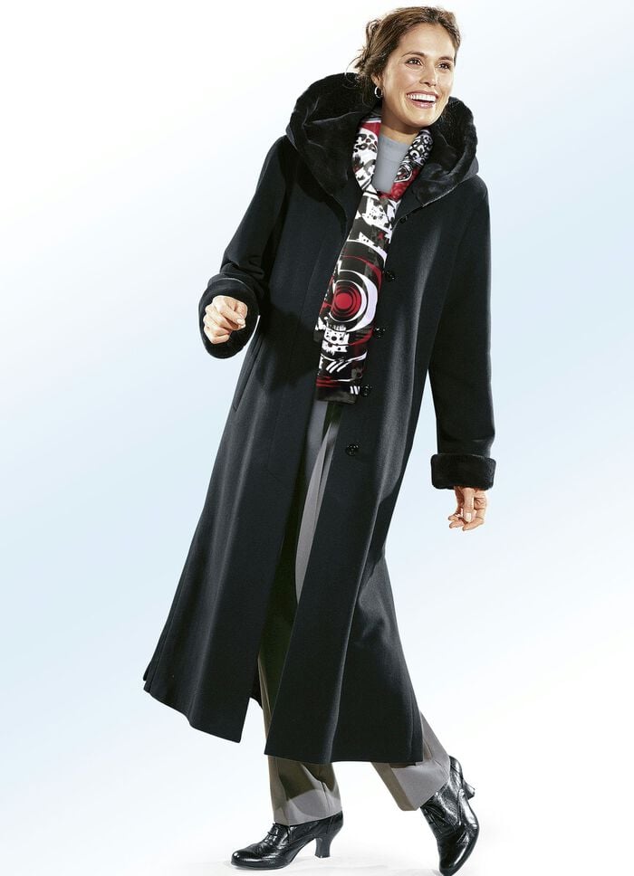 Mantel mit Kunstpelz-Besatz an Ärmeln und Kapuze 