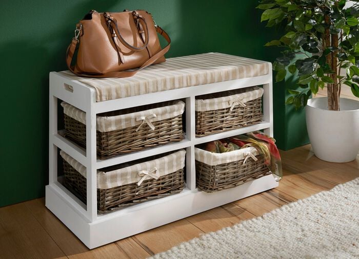 Sitzbank aus massivem Holz mit Weidenk&ouml;rben 