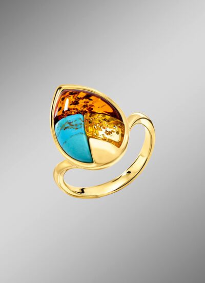 Edler Damenring mit Bernstein und T&uuml;rkis 