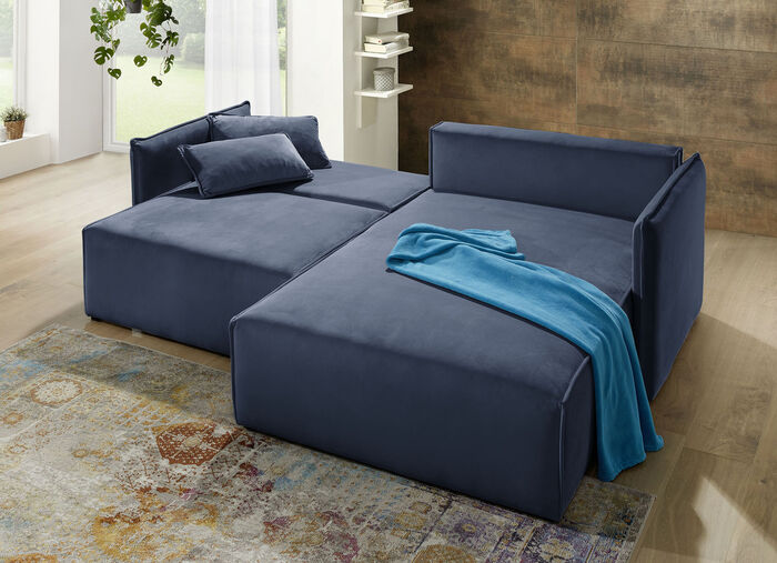 Polsterecke mit Bettfunktion und Hocker BLAU