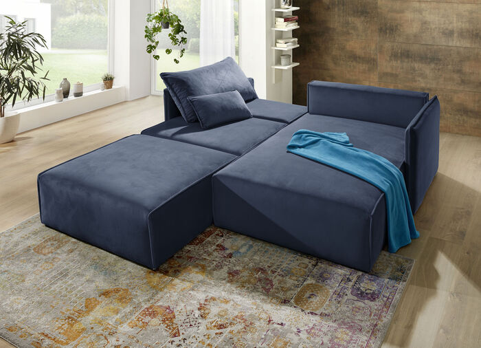 Polsterecke mit Bettfunktion und Hocker BLAU