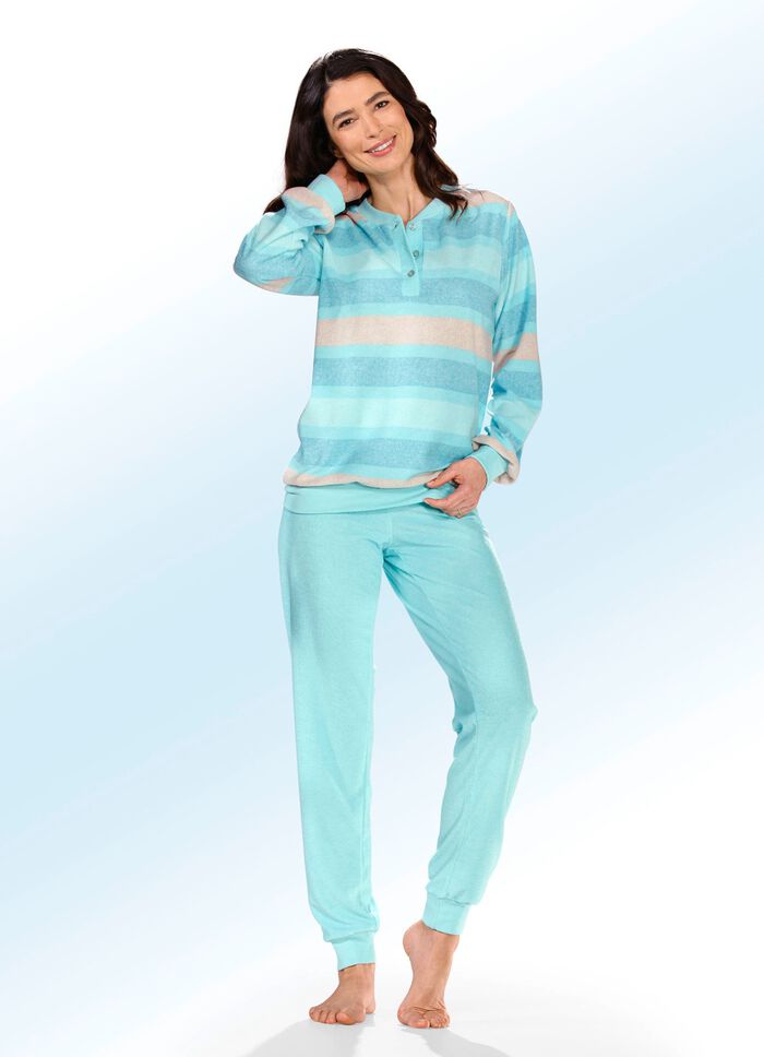 Schlafanzug aus Frottierstretch mit garngef&auml;rbtem Ringeldessin 