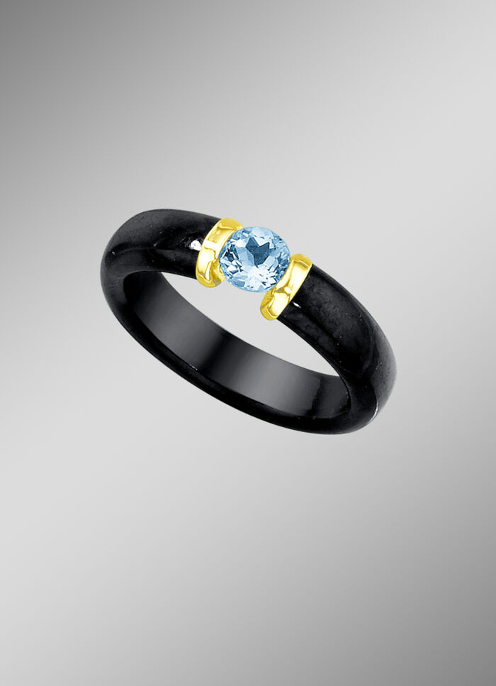 Steinring, echt schwarze Jade und Blautopas 