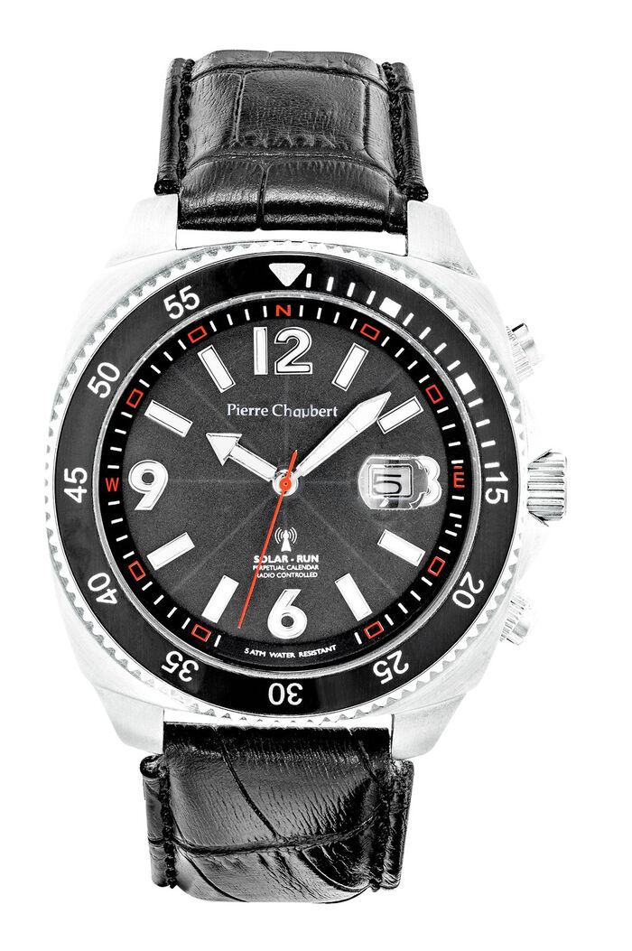 Pierre Chaubert Funk-Solar-Herrenuhr mit Edelstahlgeh&auml;use und Lederband 