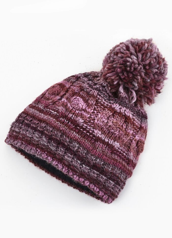 Grobstrick-M&uuml;tze mit Woll-Bommel BORDEAUX-ROSA