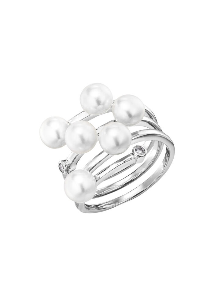 3-reihiger Damenring mit Perlen und synth. Zirkonia 