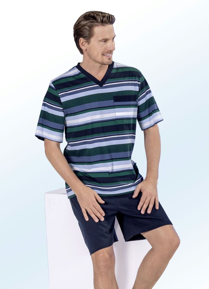 Shorty mit garngef&auml;rbtem Ringeldessin, V-Ausschnitt und Brusttasche MARINE-GR&Uuml;N