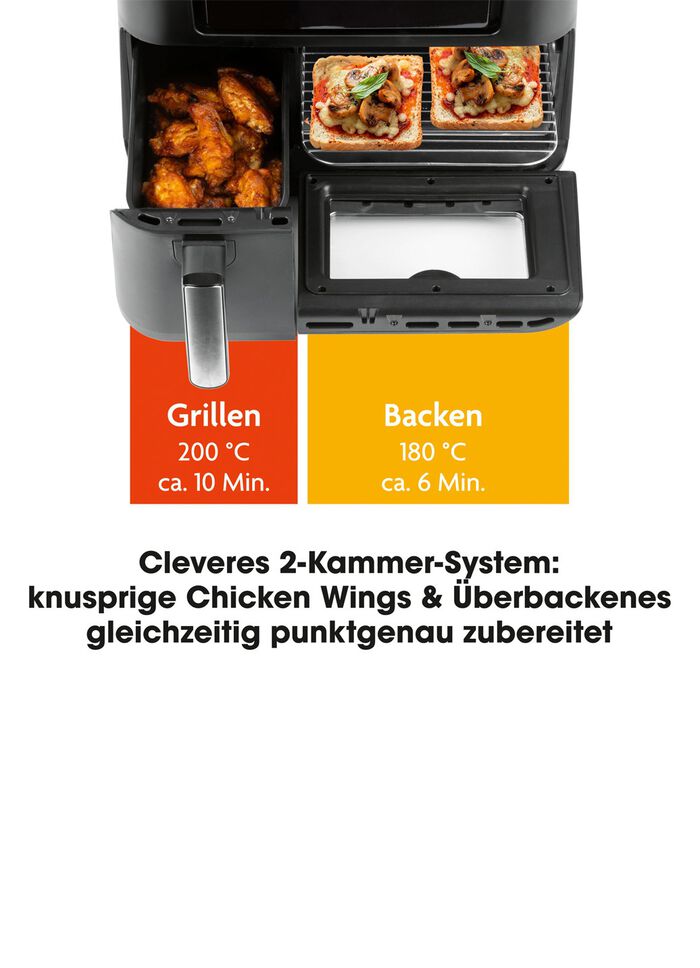 4-in-1 digitale Hei&szlig;luftfriteuse mit 2 Kammer-System 