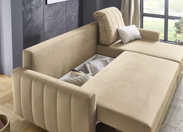 Polsterecke mit Bettfunktion und Bettkastenn BEIGE