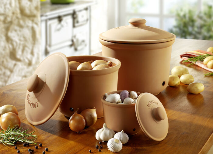 R&ouml;mertopf-Vorratst&ouml;pfe f&uuml;r Knoblauch, Zwiebeln, Kartoffeln 