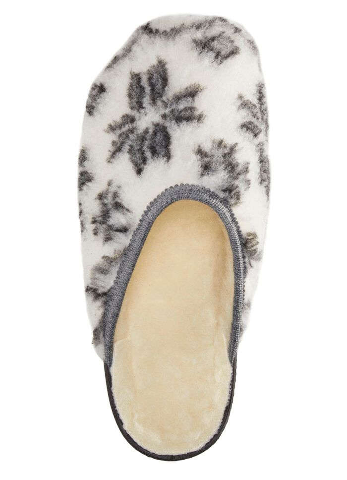 Pantoffel aus bedrucktem Pl&uuml;schmaterial ECRU-GRAU