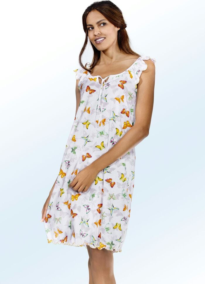 Nachthemd, Kurzarm mit Rundhals und Bindeband WEISS-ORANGE