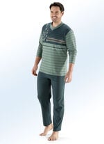 Schlafanzug mit V-Ausschnitt, Druckmotiv und Ringeldessin 