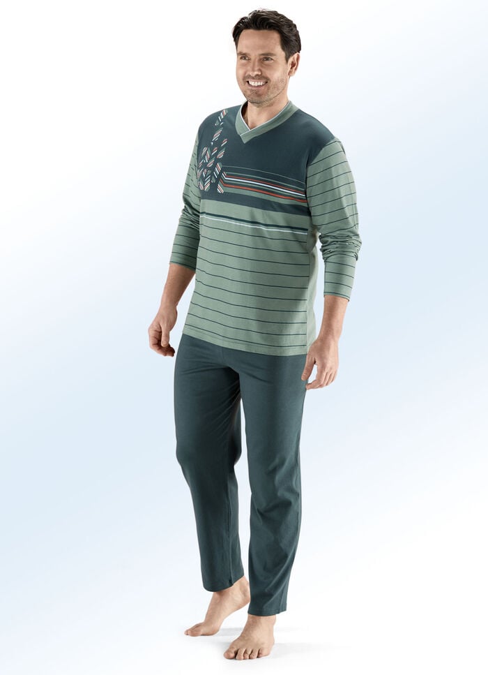 Schlafanzug mit V-Ausschnitt, Druckmotiv und Ringeldessin 