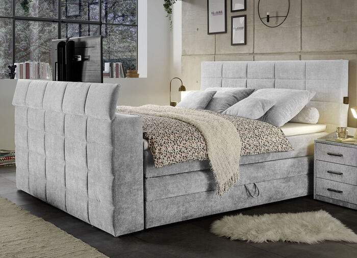 Boxspringbett mit elektrisch versenkbarer TV-Halterung HELLGRAU