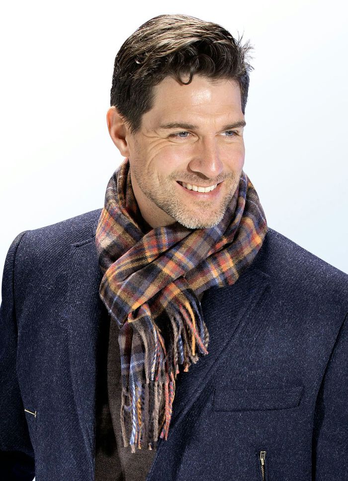 Ansprechender karierter Schal DUNKELBRAUN-MESSING-TERRAKOTTA-BLAU