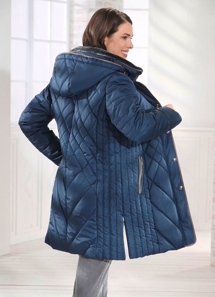 Kurzmantel mit kontrastfarbenen Nappaleder-Imitatbändchen DUNKELBLAU