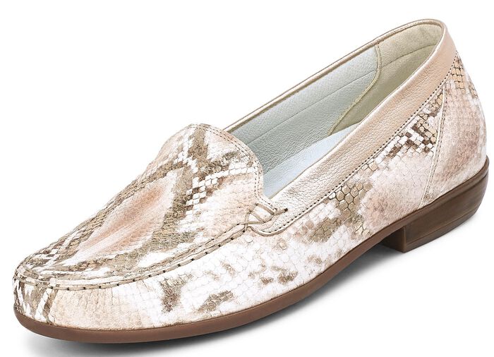 Waldl&auml;ufer Mokassin-Slipper mit Reptilpr&auml;gung ECRU-GOLD