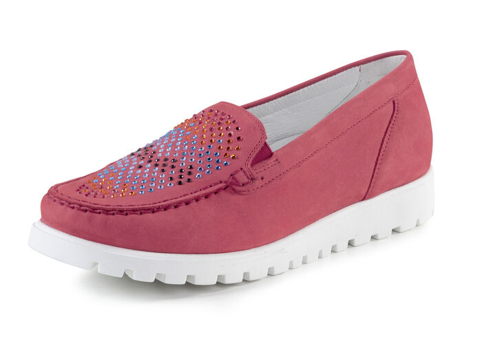 Waldläufer Mokassin-Slipper mit bunten Glitzersteinchen besetzt HELLROT