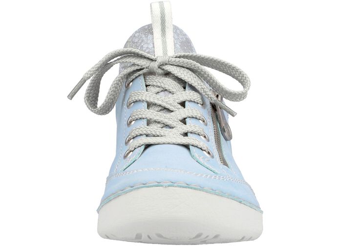 Rieker Schn&uuml;rschuh aus floral bedrucktem Textilmaterial mit Metallicschimmer HELLBLAU-GRAU
