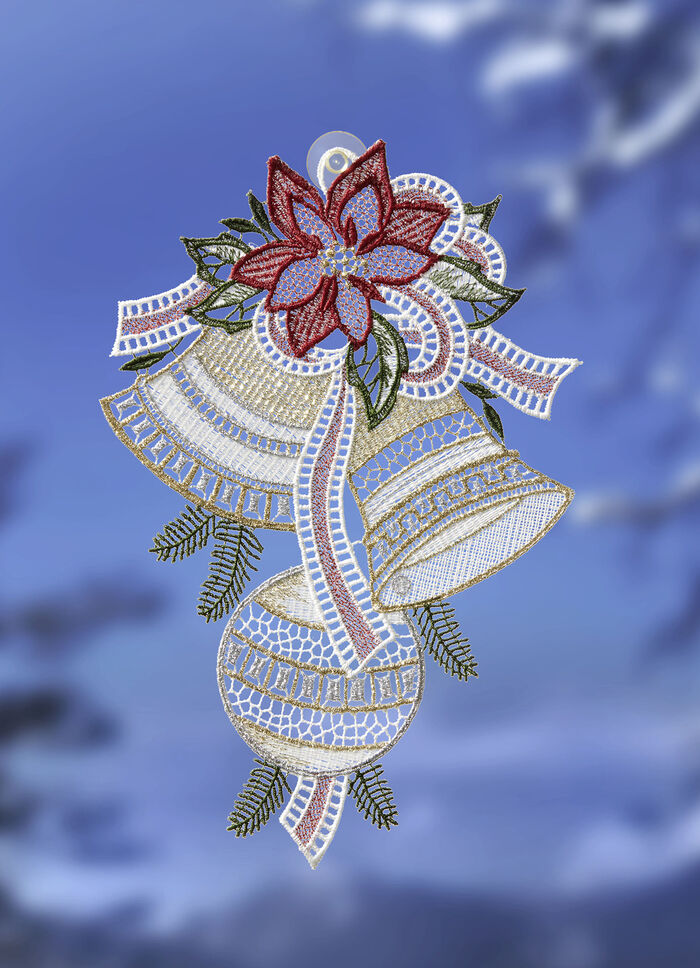 Fensterbild Glocken mit Kugel aus Plauener Spitze 