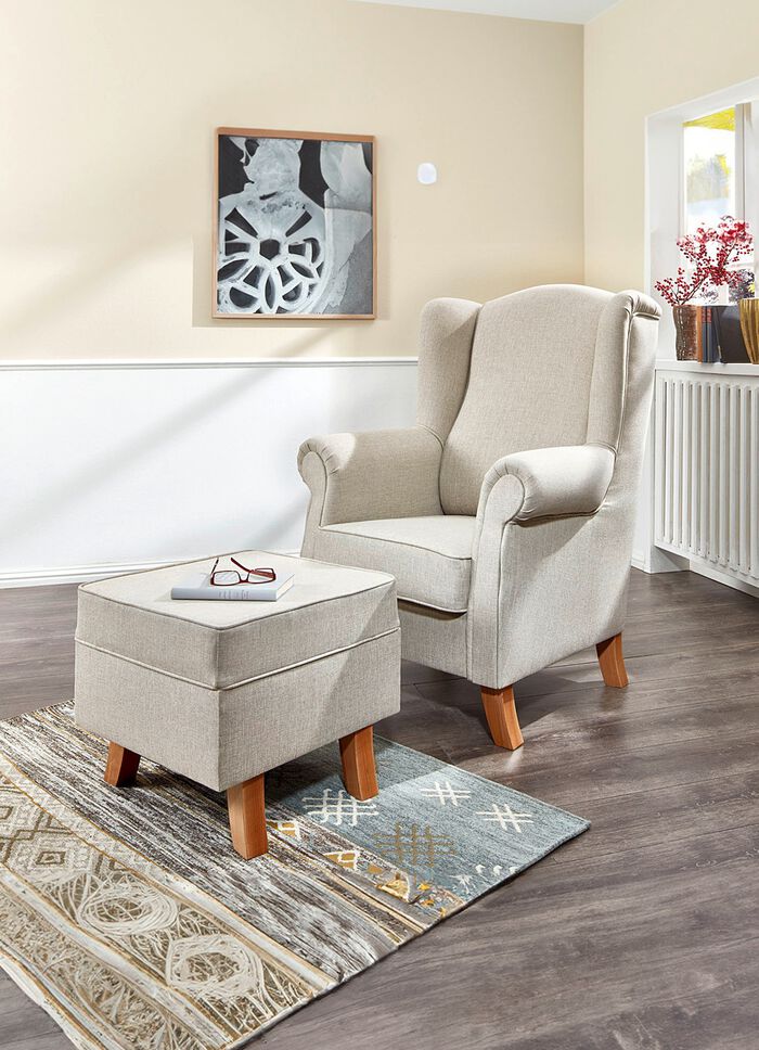 Ohrenbackensessel mit Hocker BEIGE-BUCHE
