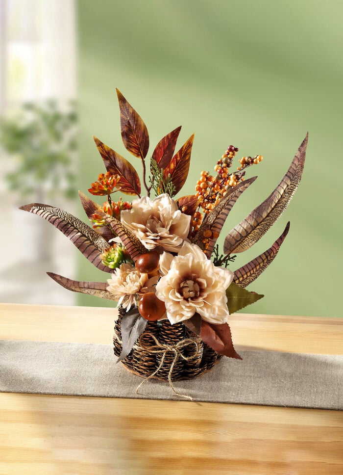 Dahlien-Gesteck im Zapfentopf 