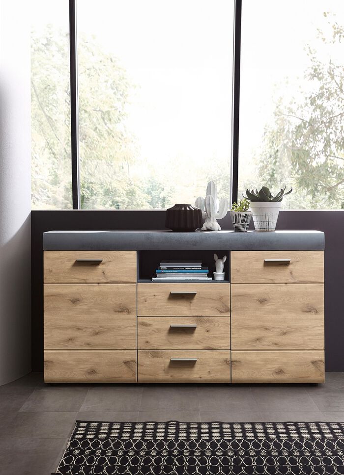 Sideboard mit Schubladen und T&uuml;ren mit Softclose und Selbsteinzug EICHE-GRAPHIT