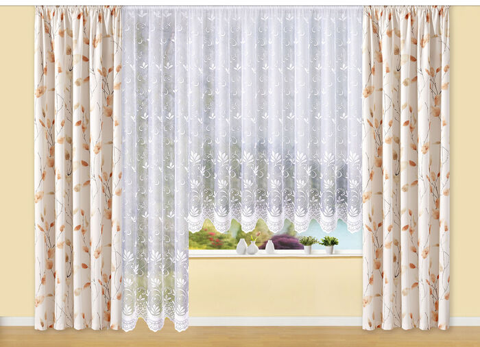 Filigraner Blumenfenster-Store mit gebogten Abschl&uuml;ssen 