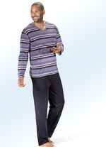 Zweierpack Schlafanzüge mit V-Ausschnitt, Ringeldessin und Brusttasche 1X BEERE, 1X GRAU