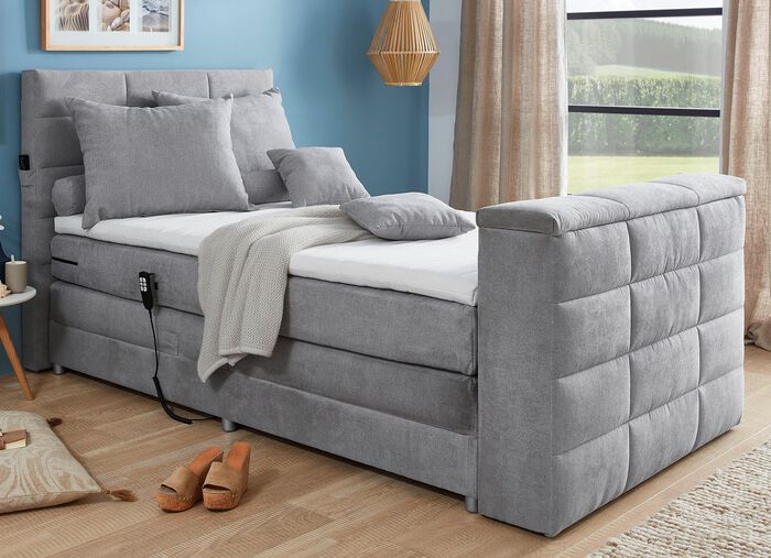 Boxspringbett mit elektrisch versenkbarer TV-Halterung HELLGRAU