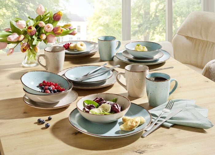 Kombi-Service, 16-teilig, aus Feinsteinzeug im Natur-Look BEIGE-TÜRKIS